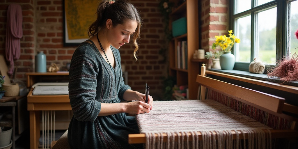 a woman weaving fabric on a loom in a shop with a brick wall and windows behind her and a brick wall