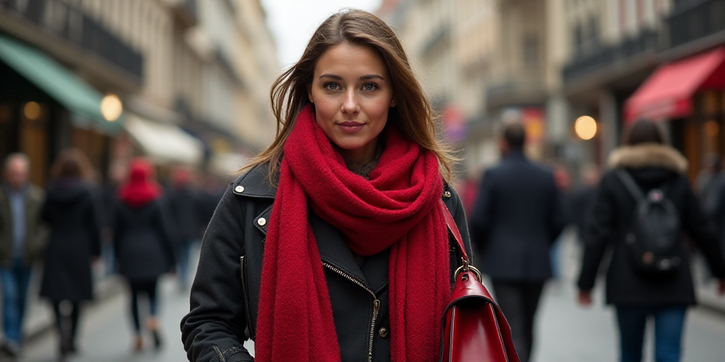 a woman with a red scarf around her neck on a city street with people walking by and a red bag, Anit