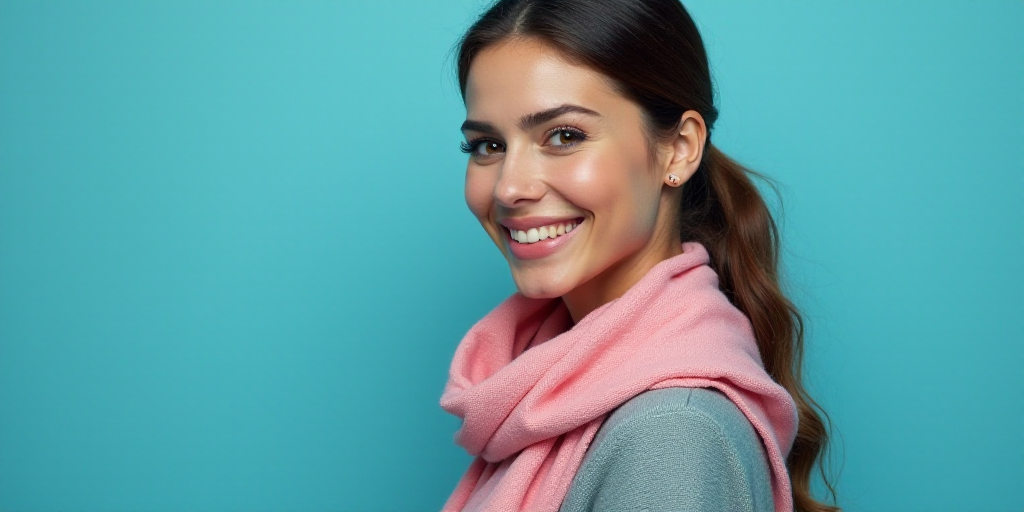 a woman with a scarf on her neck smiling at the camera with a blue background and a black and white