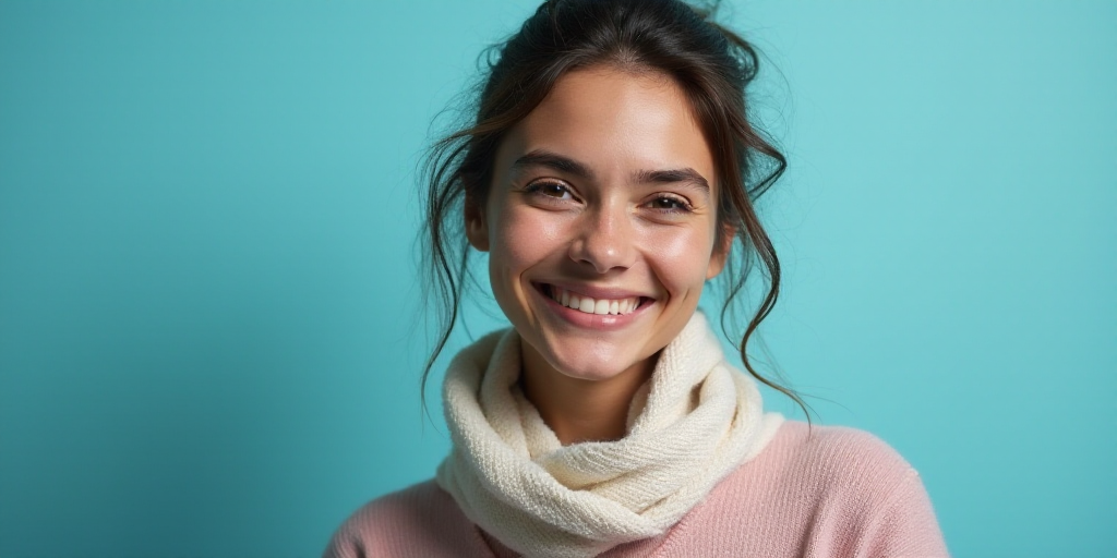 a woman with a scarf on her neck smiling at the camera with a blue background and a black and white