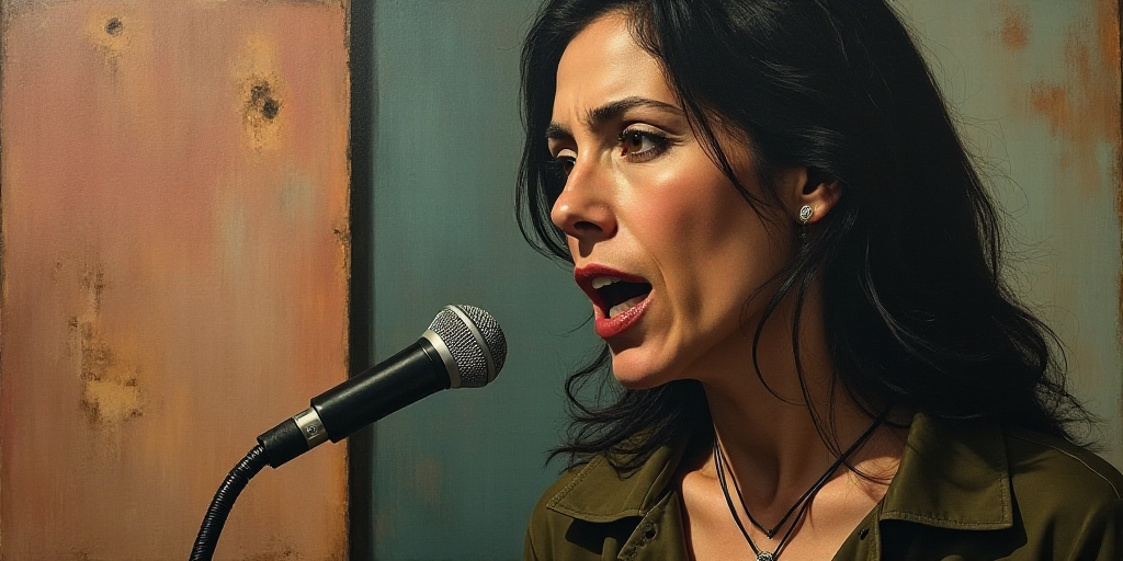 a woman with long hair and a necklace on her neck is speaking into a microphone with a wall behind h