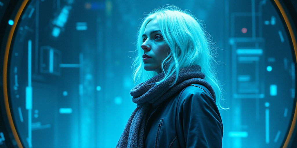 a woman with white hair and a scarf around her neck is standing in front of a blue background with a