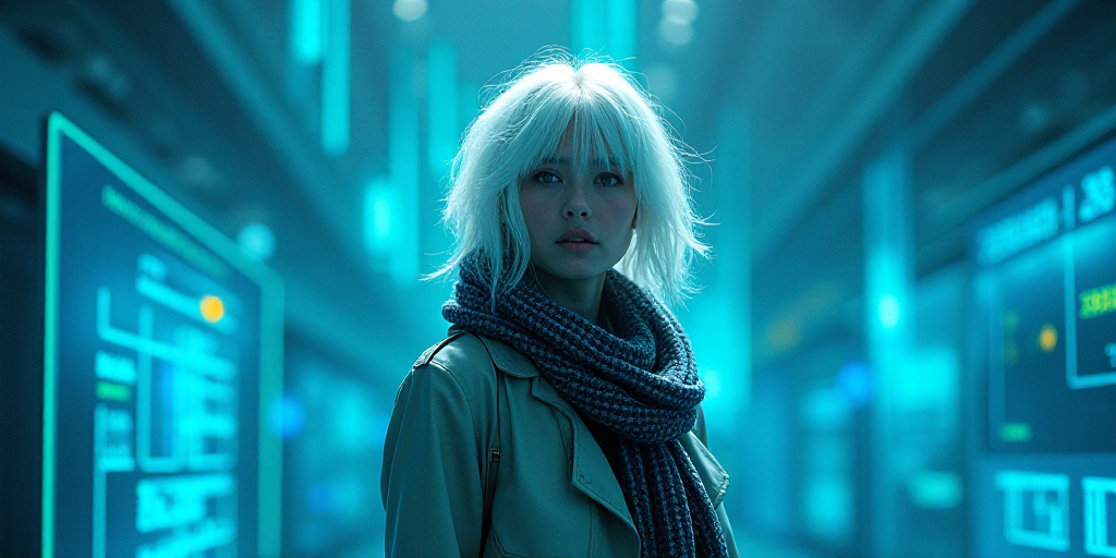 a woman with white hair and a scarf around her neck is standing in front of a blue background with a