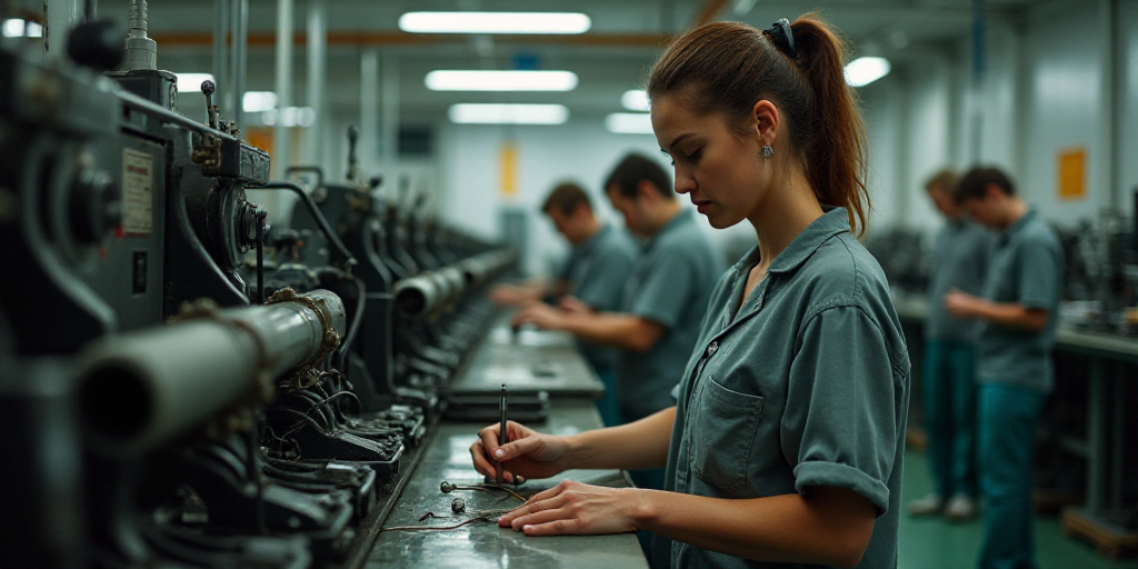 a woman working on a machine in a factory with other workers in the background looking at the machin
