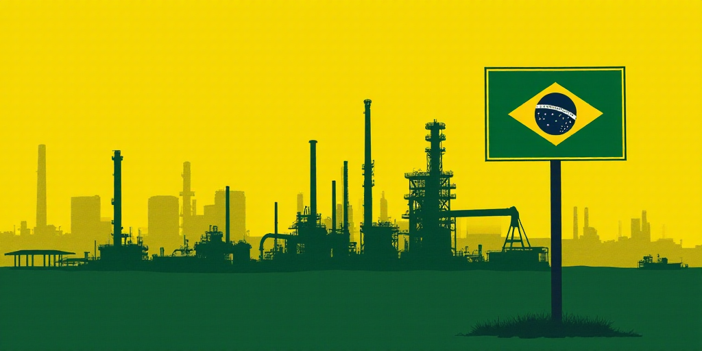 a yellow and green poster with a picture of a factory and a sign that says petrobras, Bourgeois, oil