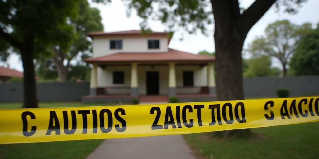 a yellow caution tape is in front of a house and trees in the background, with a building in the bac
