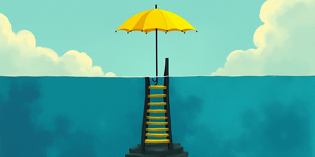 a yellow umbrella is floating over a blue ocean and a black and yellow staircase is in the water bel