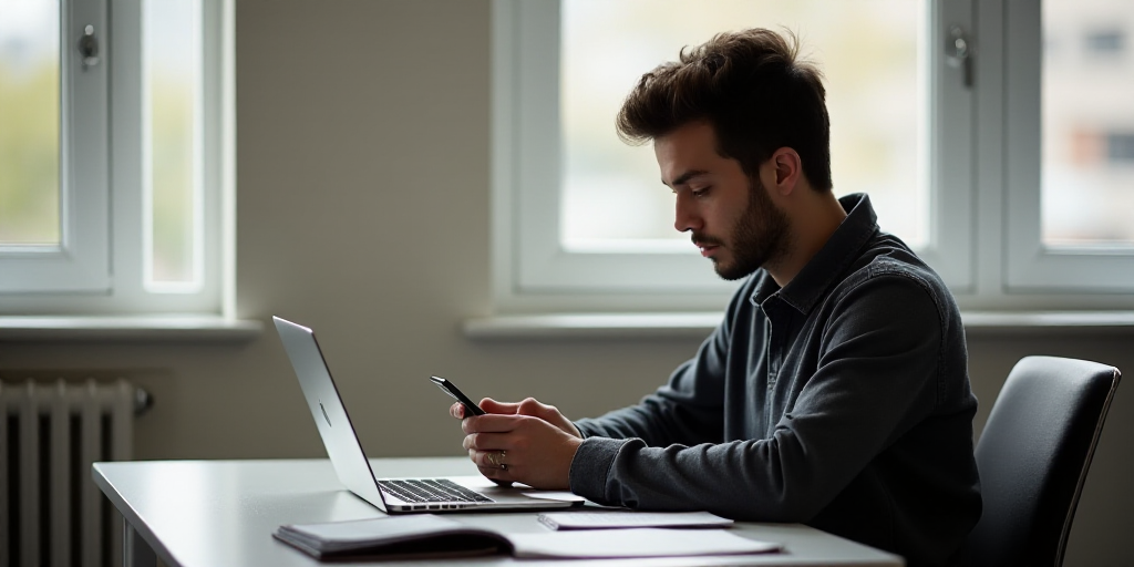 a young man sitting at a desk with a laptop and a cell phone in his hand and looking at his cell pho