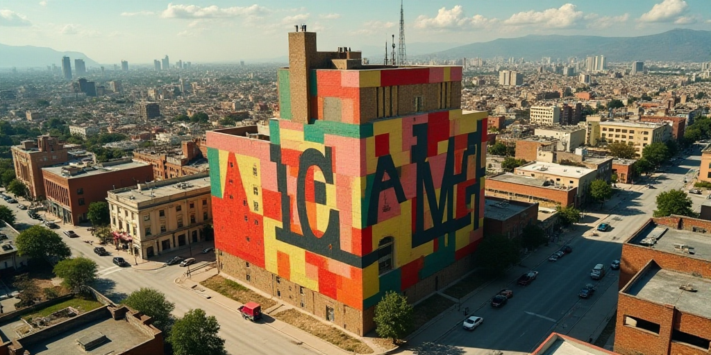 an aerial view of a large building with a large sign on it's side and a city in the background, Davi