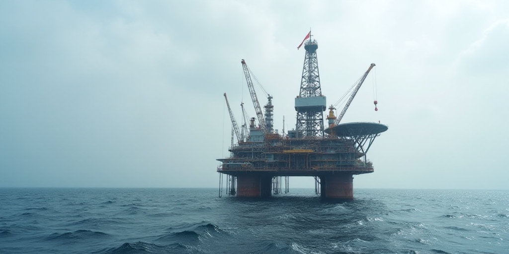 an oil rig in the middle of the ocean with a red and white flag on top of it and a red and white fla