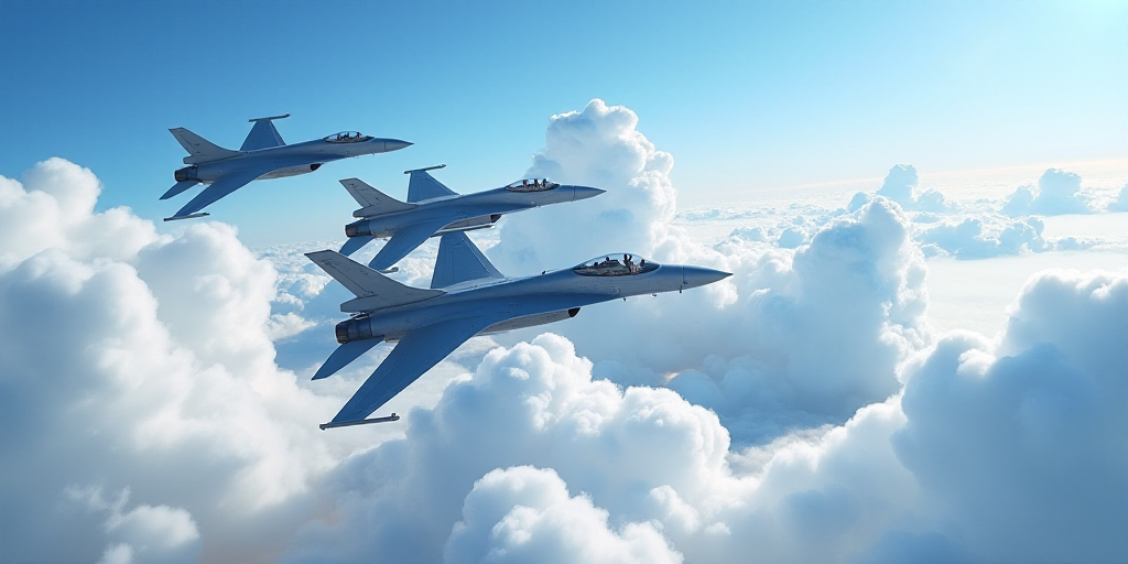 four fighter jets flying in formation in the sky with clouds in the background and a blue sky with w