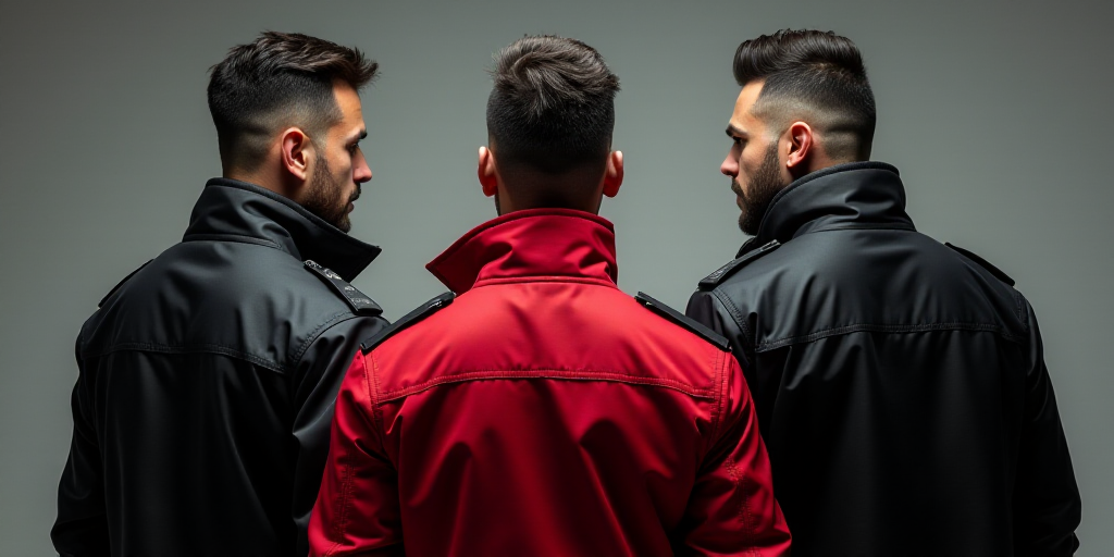 three men in black and red jackets standing next to each other with their backs turned to the camera