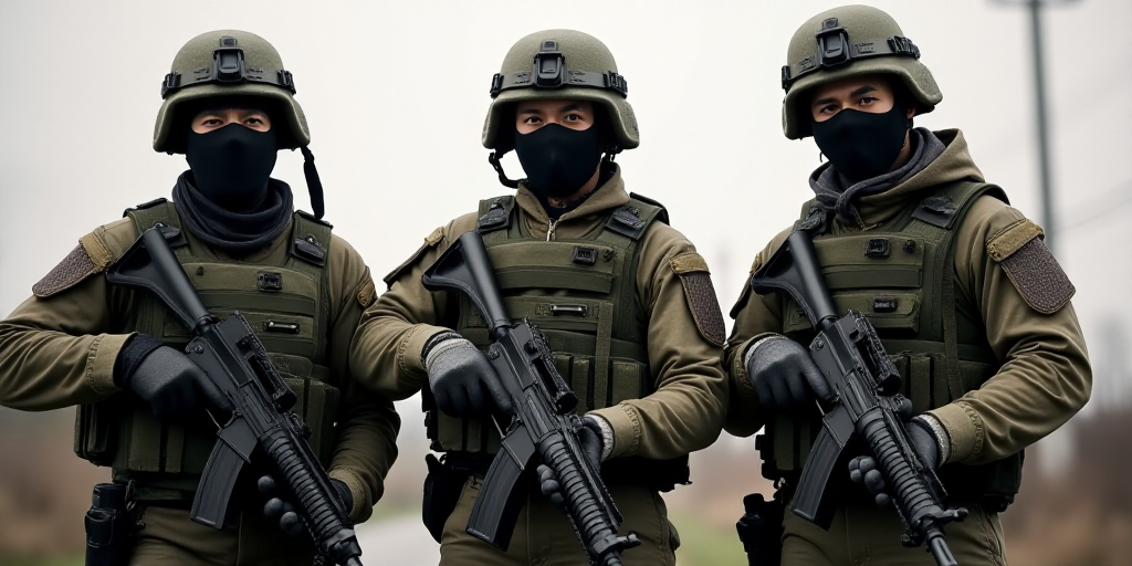 three men in military gear standing next to each other with guns in their hands and wearing masks on
