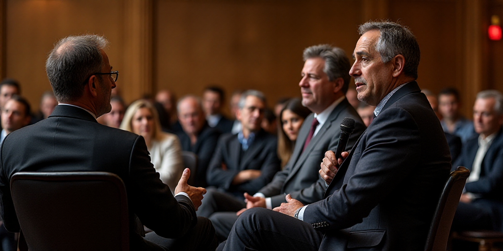 three men sitting in chairs talking to a crowd of people in a room with a microphone in their hands,