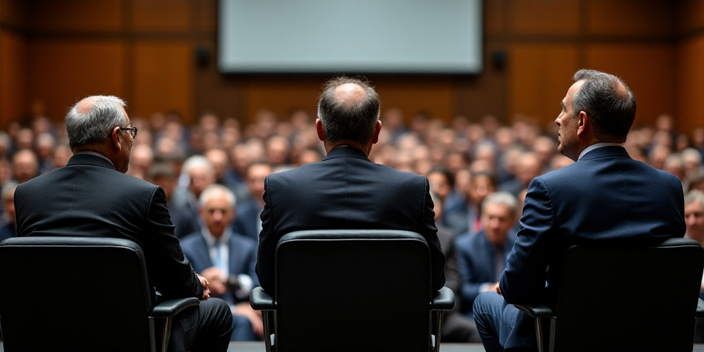 three men sitting in chairs talking to each other in front of a crowd of people in a conference room