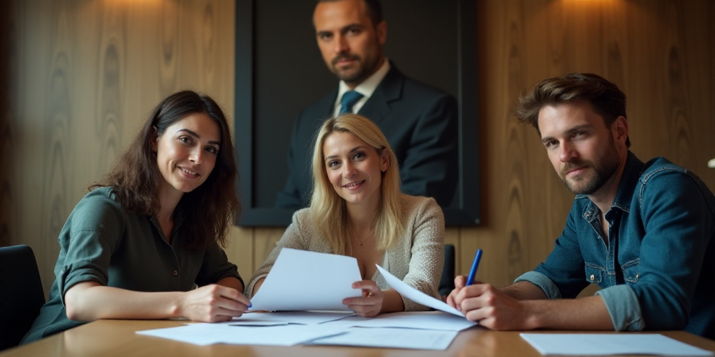 three people sitting at a table with papers and a pen in their hands and a portrait of a man in the