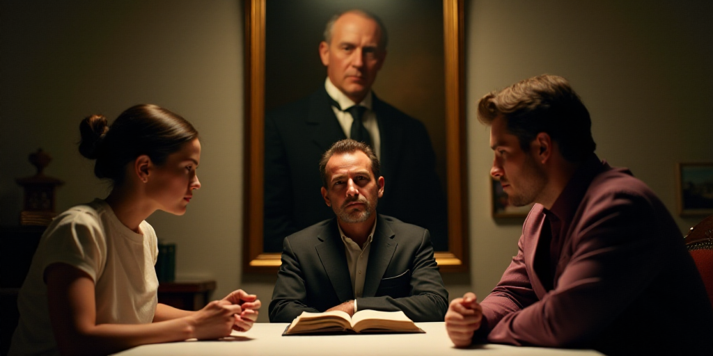 three people sitting at a table with a book in front of them and a portrait of a man in the backgrou