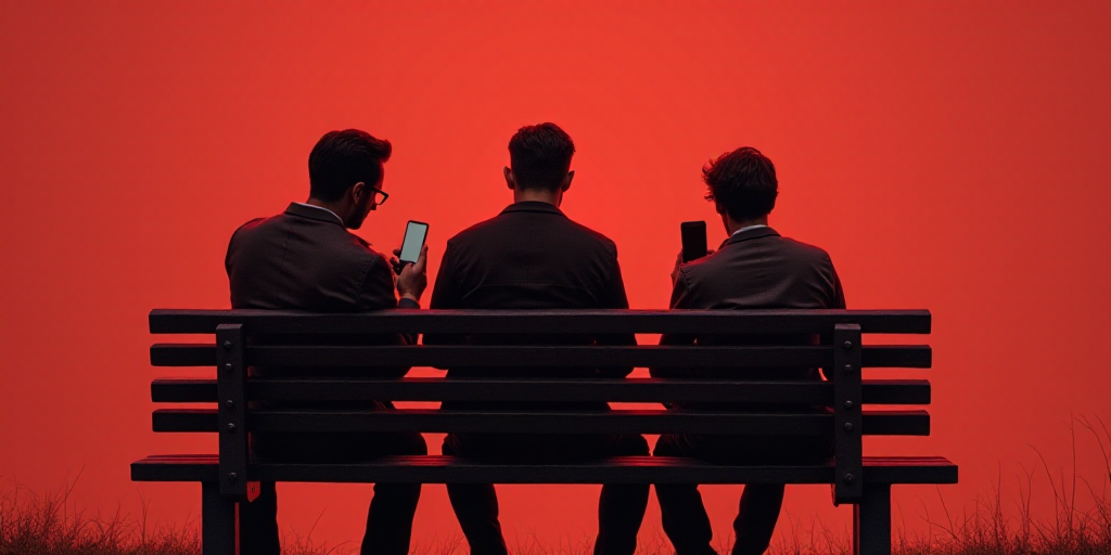 three people sitting on a bench looking at their cell phones while one person looks at his phone and