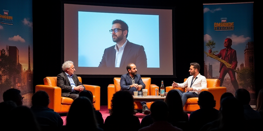 three people sitting on a couch talking to each other at a conference event with a screen behind the