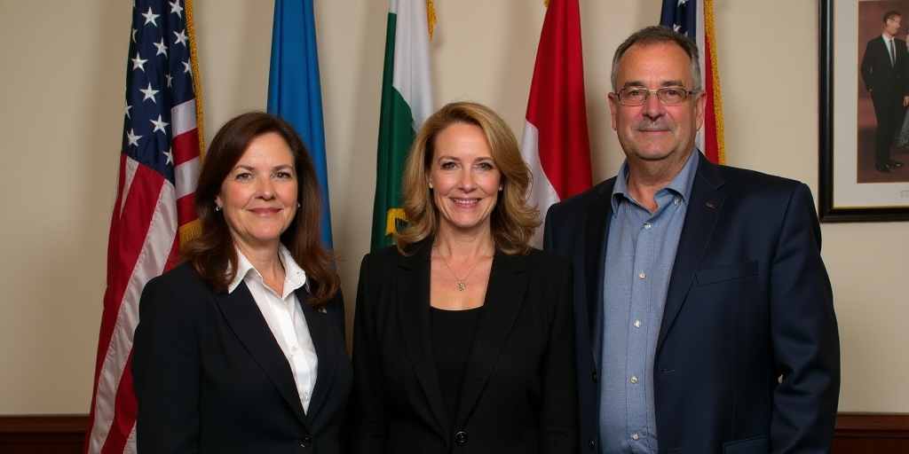 three people standing next to each other in front of flags and a wall with a picture of a man and wo