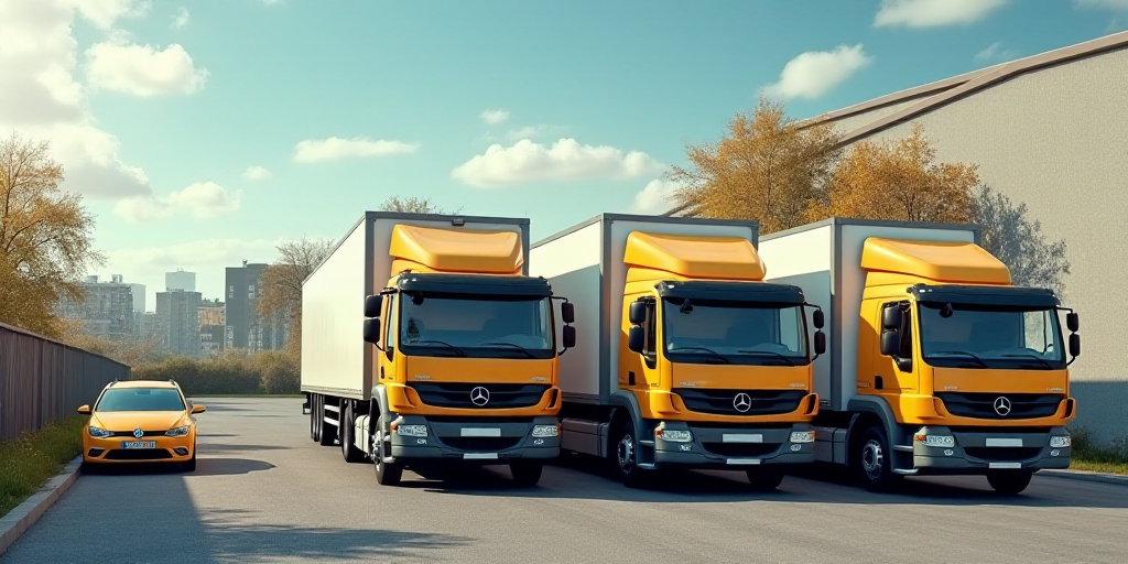 three trucks parked in front of a building with a billboard on it's side and a car parked in front o