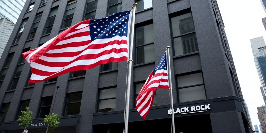 two american flags are flying in front of a black rock building with a sign that says black rock on