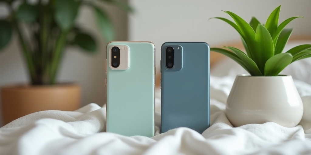 two cell phones sitting on a bed next to a plant and a potted plant in a vase on the bed, Cui Bai, t