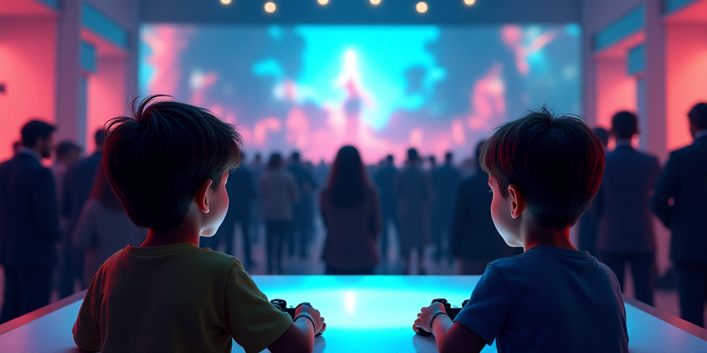 two children playing a video game at a convention table with a large screen tv in the background and