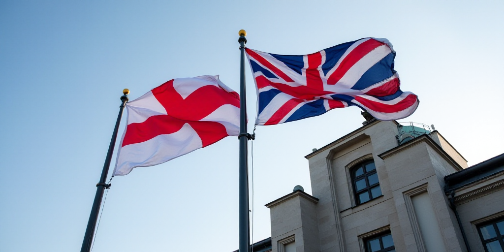 two flags are flying in the wind in front of a building in the city of london, england, uk, Eugeen V