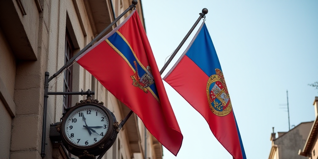 two flags are hanging from a building with a clock on it's side and a flag on the other side, Aquira