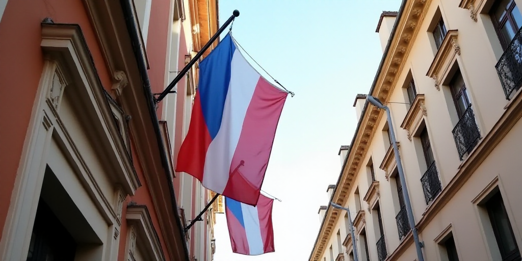 two flags are hanging from a building with a clock on it's side and a flag on the other side, Aquira
