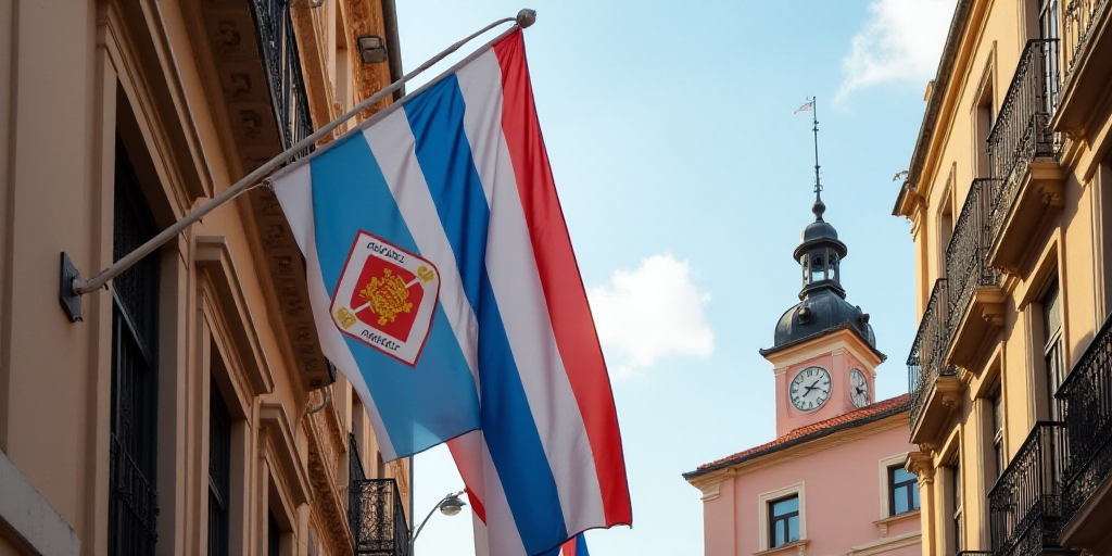 two flags are hanging from a building with a clock on it's side and a flag on the other side, Aquira
