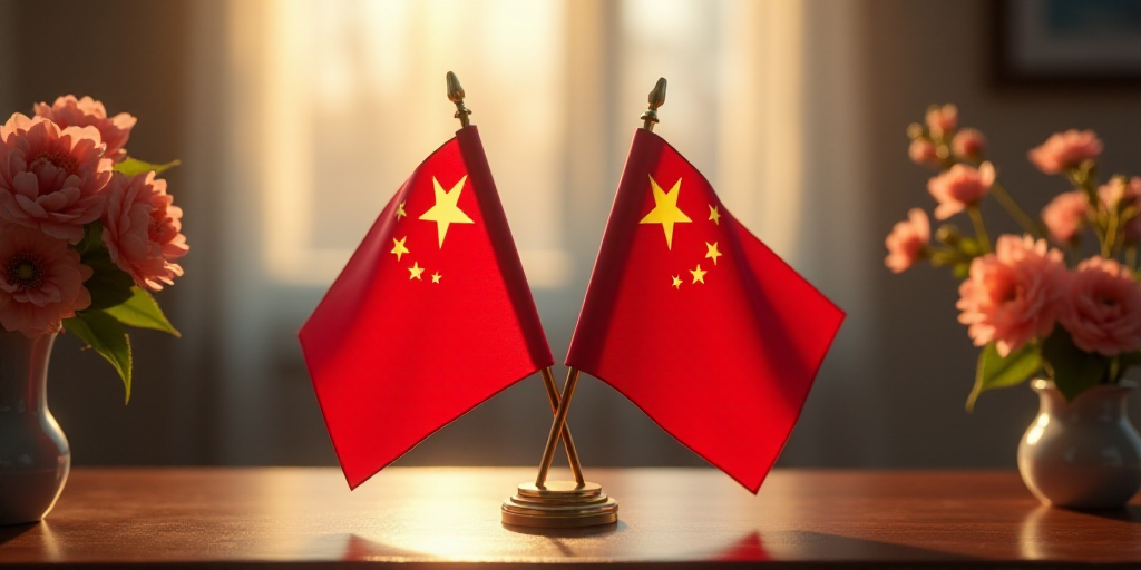 two flags are placed next to each other on a table with flowers in the background and a vase with fl