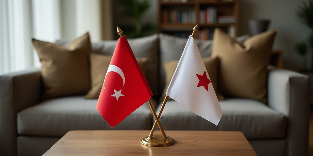 two flags are placed on a table in front of a couch and a coffee table with a couch behind it, Edwar