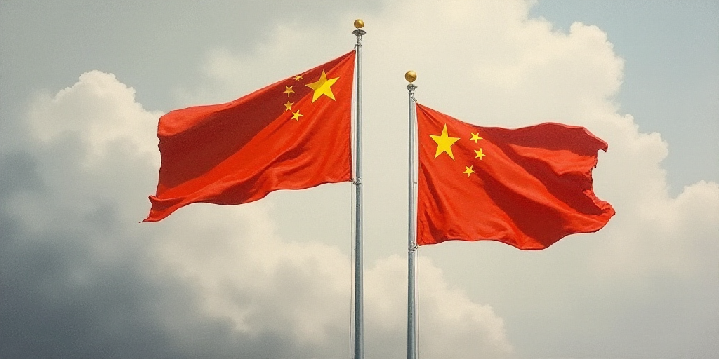 two flags flying in the wind on a cloudy day with a grey sky in the background and a yellow star on