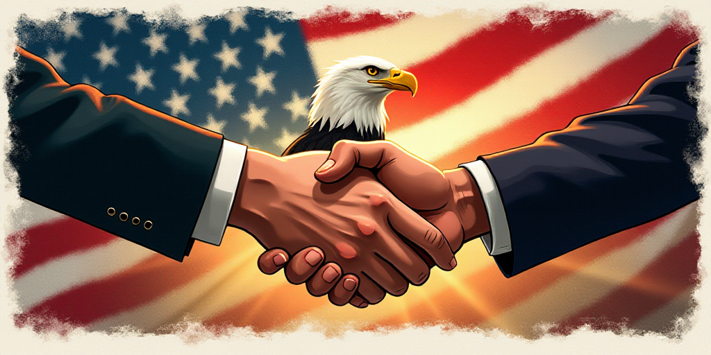 two hands shaking each other over a picture of flags and a flag of the united states behind them wit