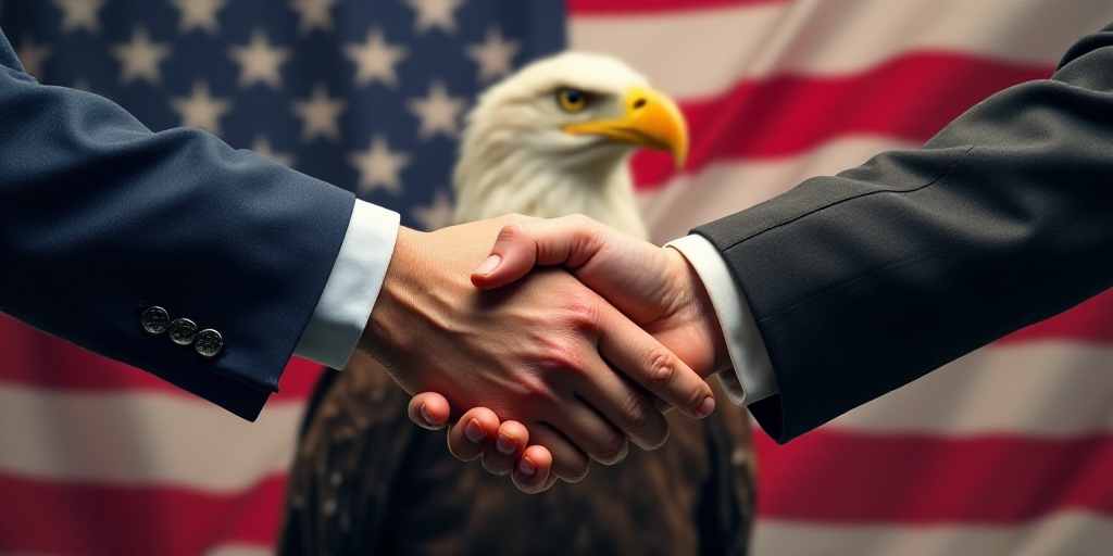 two hands shaking each other over a picture of flags and a flag of the united states behind them wit