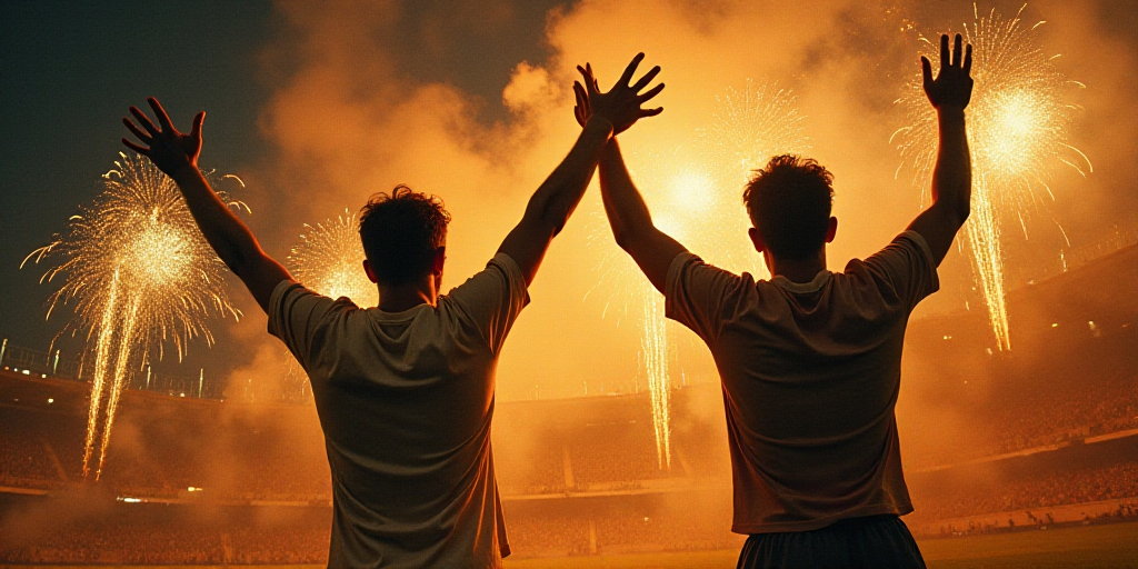 two men are cheering at a soccer game with fireworks in the background and smoke in the air behind t