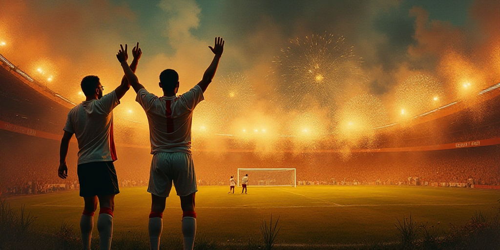 two men are cheering at a soccer game with fireworks in the background and smoke in the air behind t