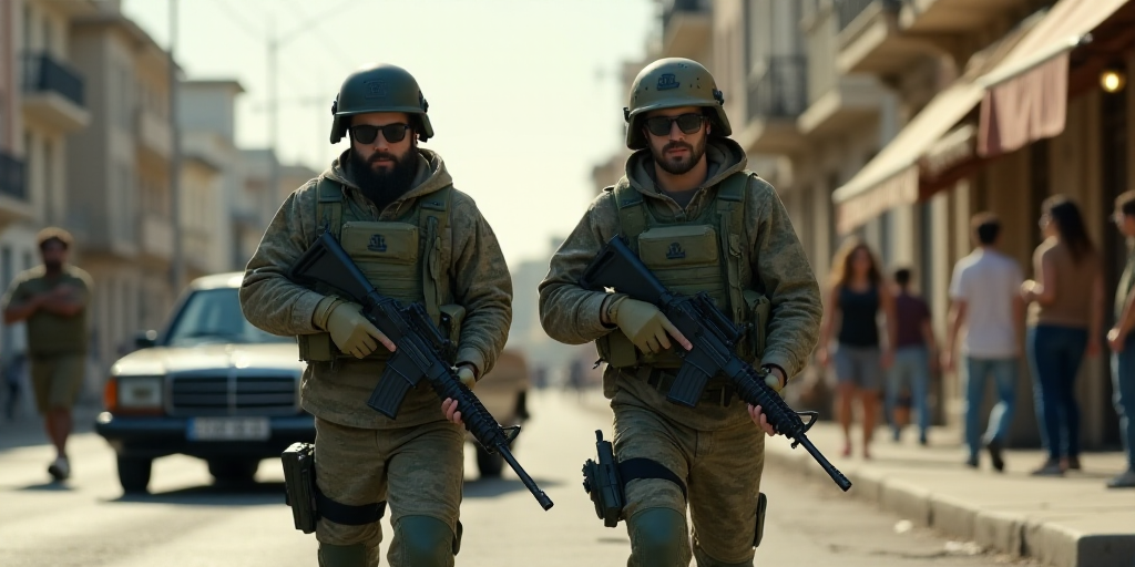 two men in camouflage gear walking down a street with guns in their hands and a car behind them with