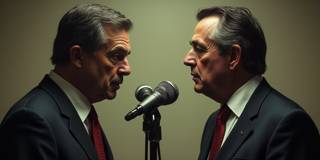 two men in suits and ties are facing each other and one is speaking into a microphone and the other