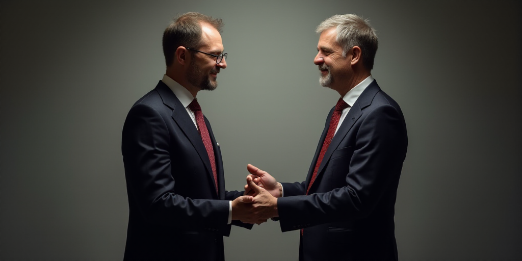 two men in suits are standing together and one is holding his hands out to the other man who is wear