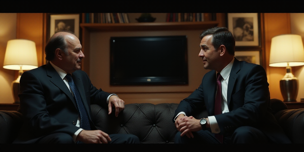 two men in suits sitting on a couch talking to each other in a room with a bookcase and a television