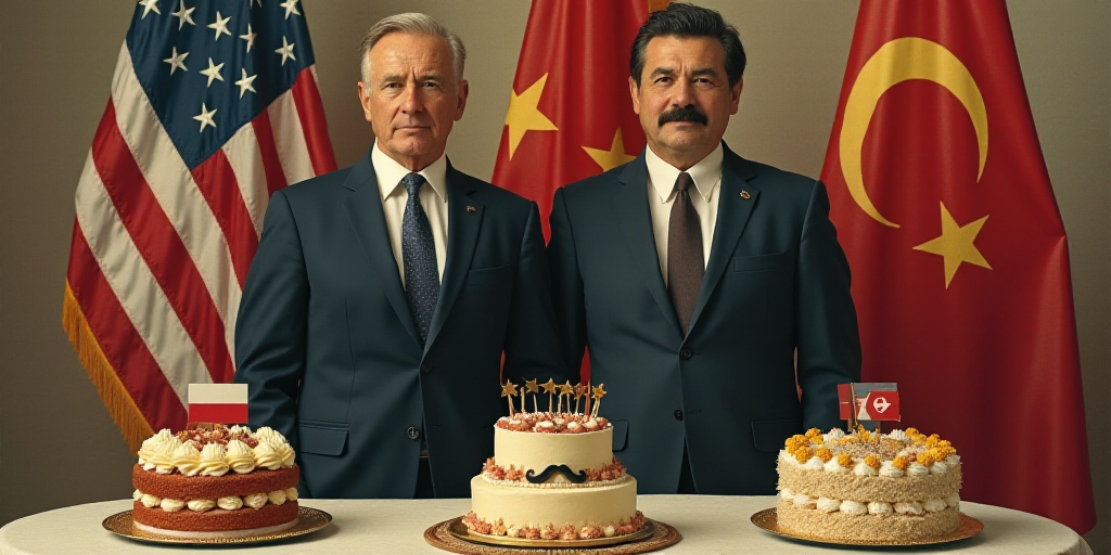 two men in suits standing next to each other near flags and a cake with a mustache on it and a cake