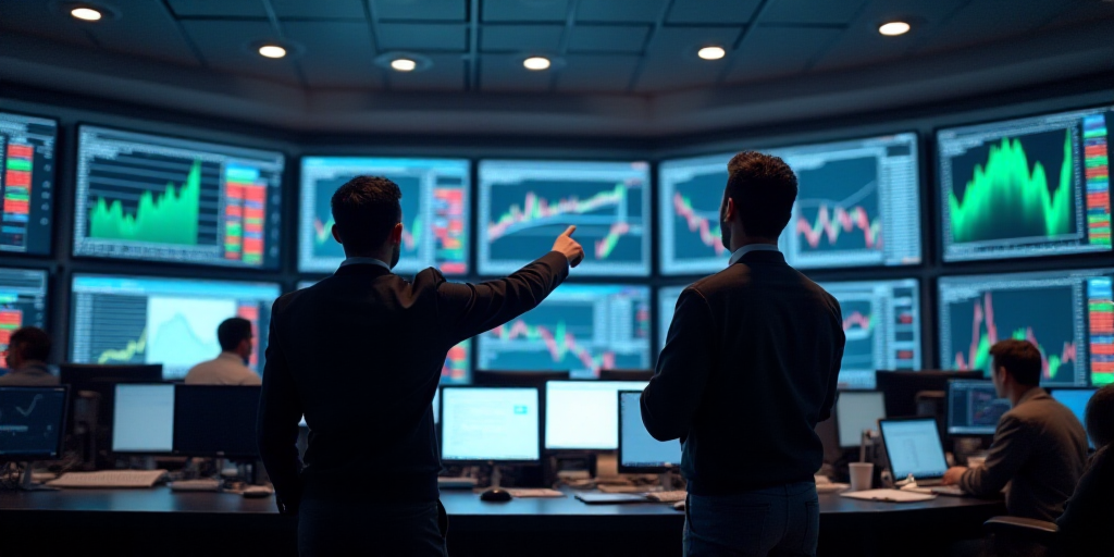 two men looking at a display of stock on a wall of monitors in a stock market, one pointing at the s