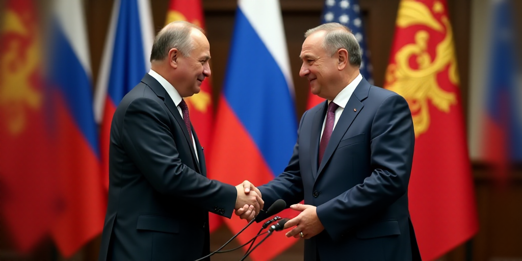 two men shaking hands in front of flags and a microphone with a man in a suit and tie on, Boris Vlad
