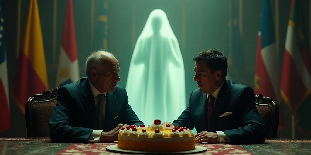 two men sitting at a table with a cake in front of them and flags in the background of the room, Fed