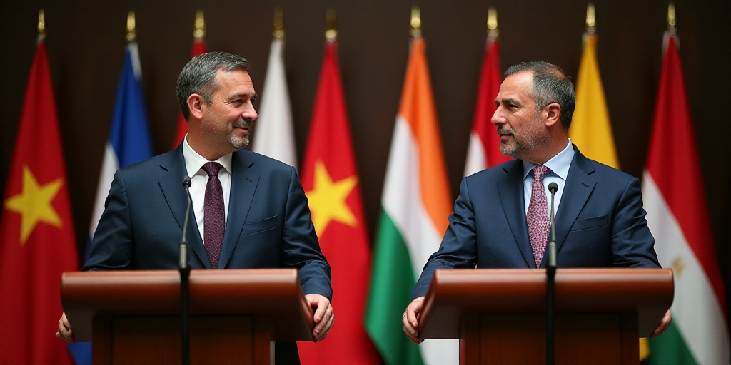 two men standing at podiums with flags behind them and a microphone in front of them with a micropho