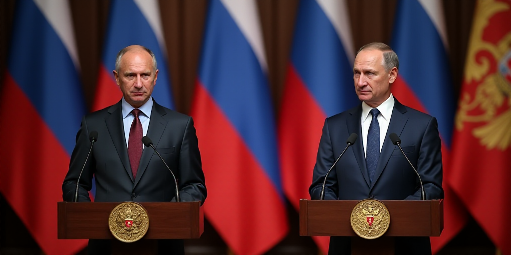 two men standing at podiums with flags behind them and one man standing at a podium with a microphon