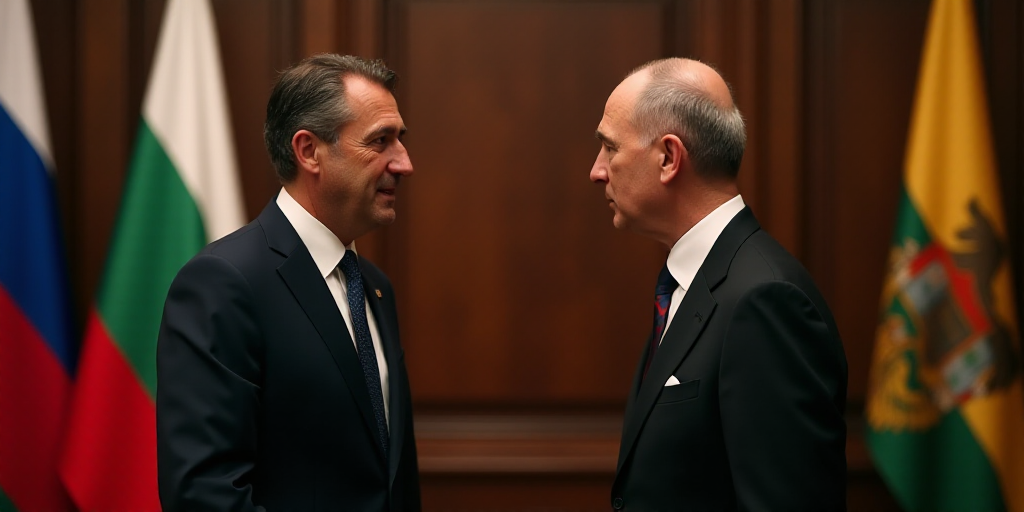two men standing in front of flags talking to each other in a room with two flags behind them and on